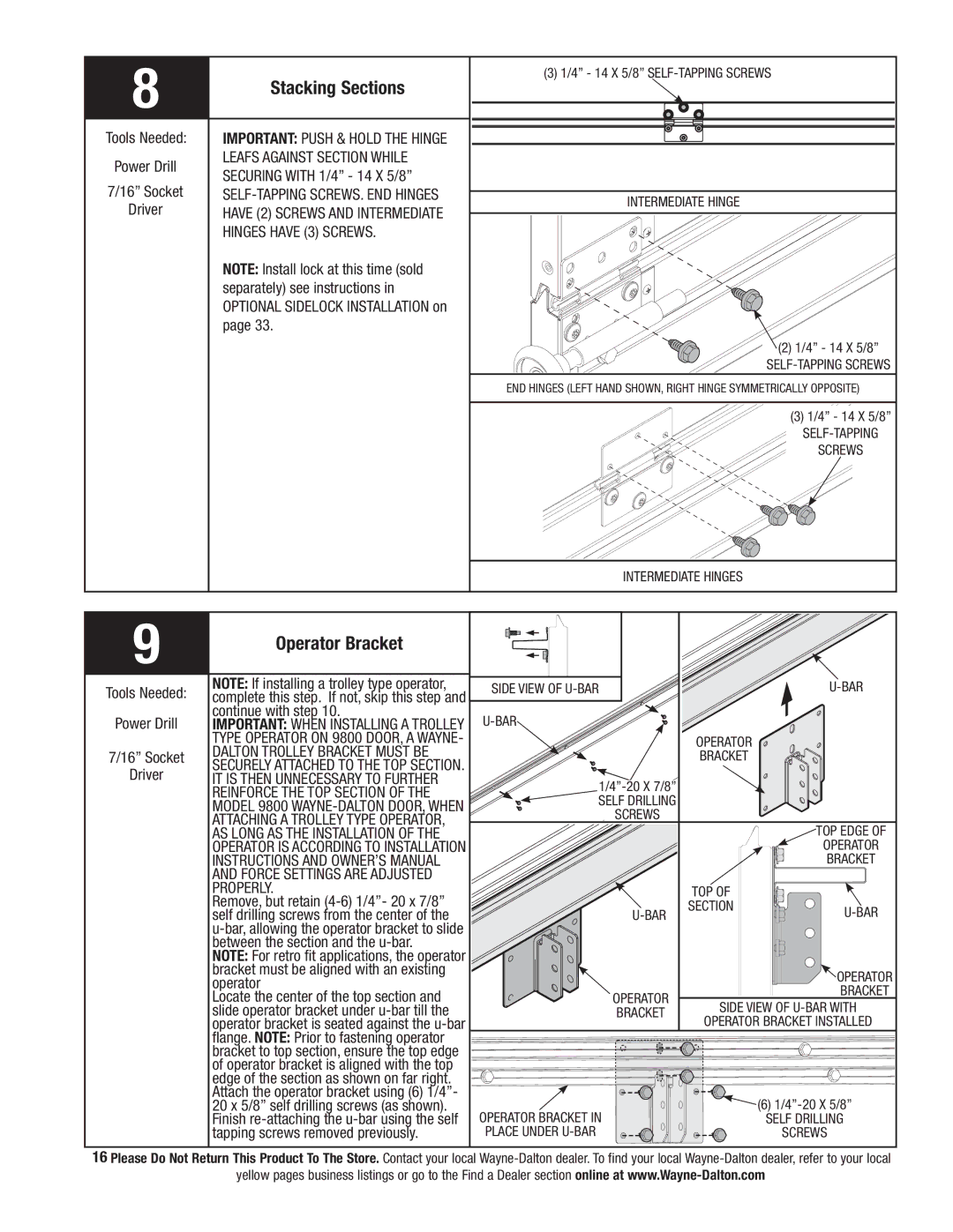 Wayne-Dalton 9800 installation instructions Operator Bracket 