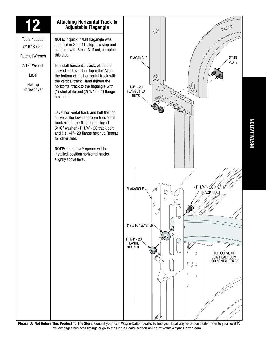 Wayne-Dalton 9800 installation instructions Attaching Horizontal Track to Adjustable Flagangle 