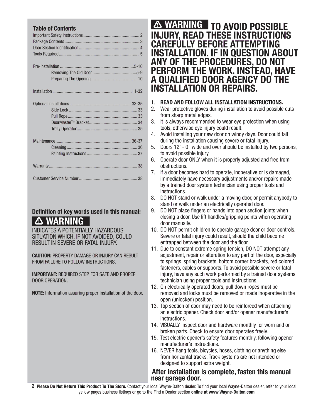 Wayne-Dalton 9800 installation instructions Table of Contents 