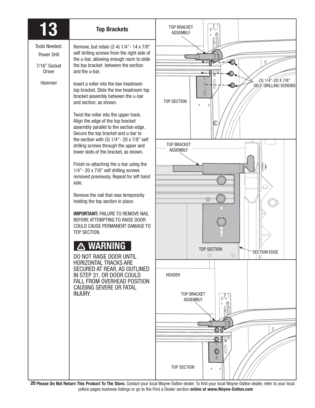 Wayne-Dalton 9800 installation instructions Top Brackets, Fall from Overhead Position 