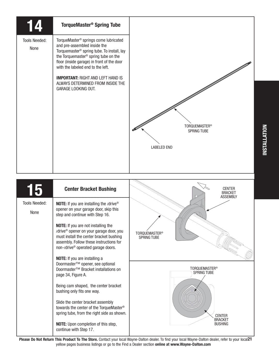 Wayne-Dalton 9800 installation instructions TorqueMaster Spring Tube, Center Bracket Bushing, Always Determined from Inside 