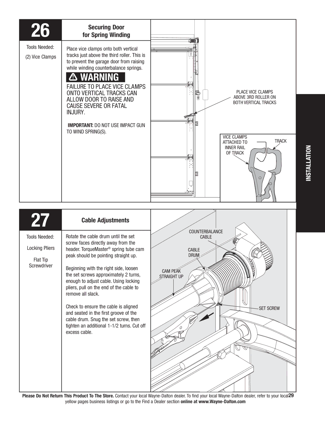 Wayne-Dalton 9800 Securing Door, For Spring Winding, Cable Adjustments, Important do not USE Impact GUN To Wind Springs 