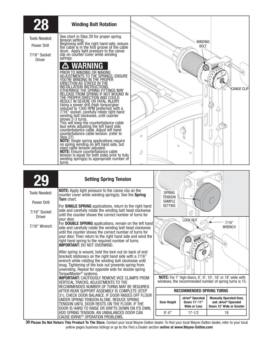 Wayne-Dalton 9800 Winding Bolt Rotation, Setting Spring Tension, Vertical TRACKS. Adjustments to, Recommended Spring Turns 