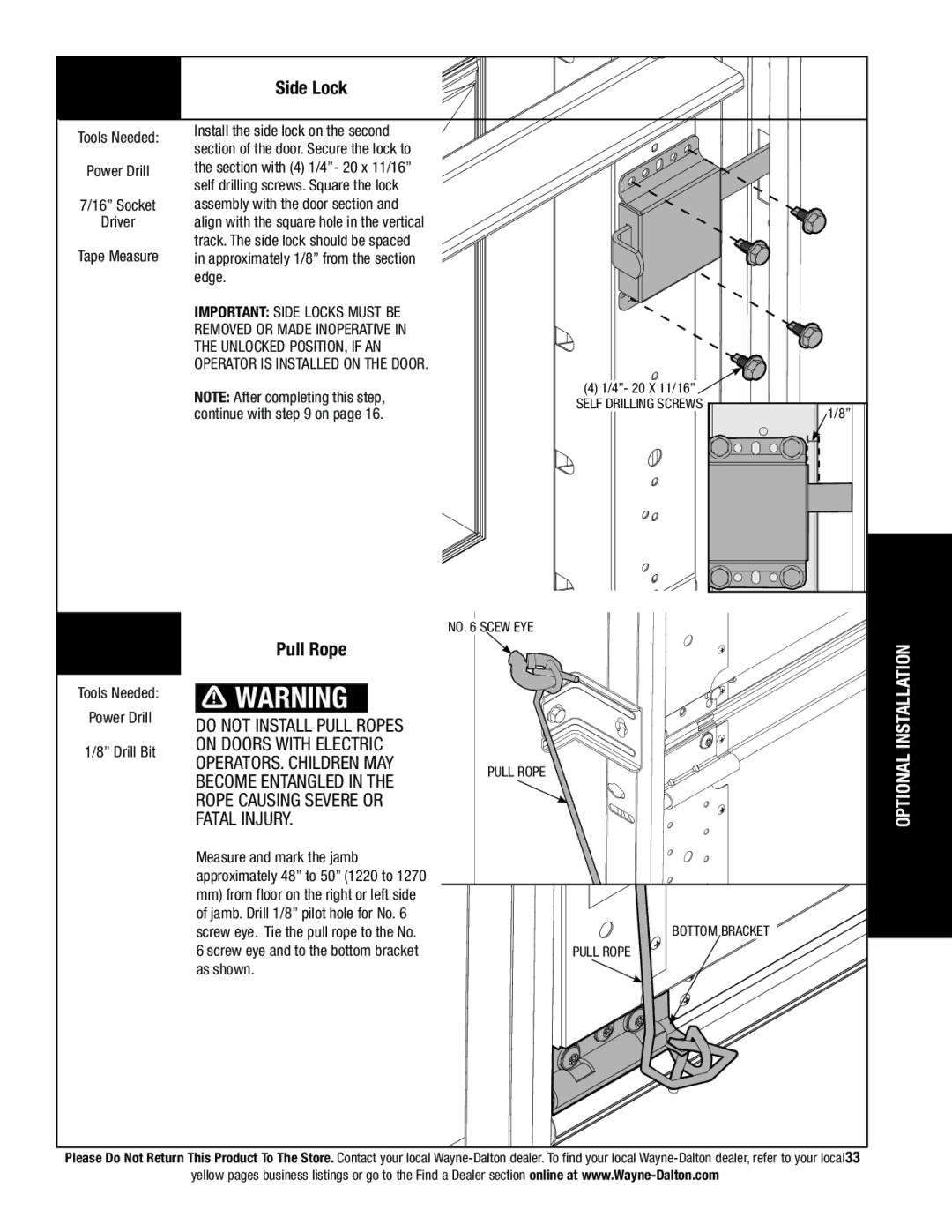 Wayne-Dalton 9800 installation instructions Side Lock, Do not Install Pull Ropes 