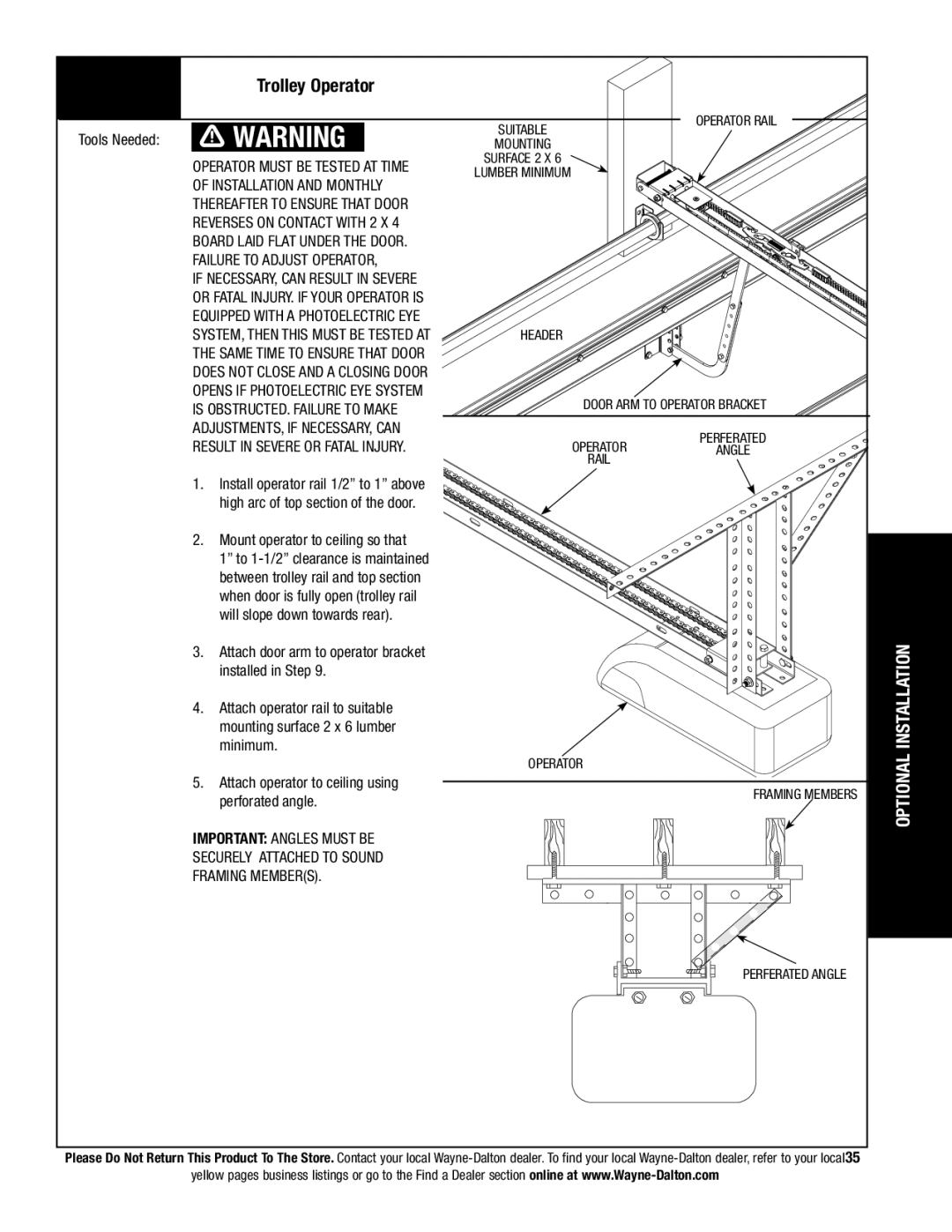 Wayne-Dalton 9800 Trolley Operator, Mount operator to ceiling so that, Result in Severe or Fatal Injury, Header 