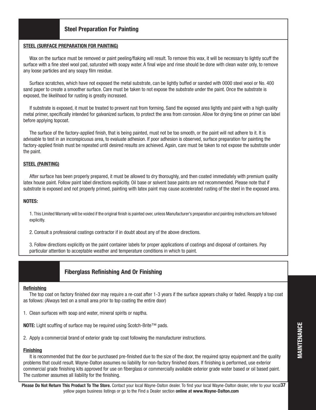 Wayne-Dalton 9800 installation instructions Steel Preparation For Painting, Fiberglass Refinishing And Or Finishing 