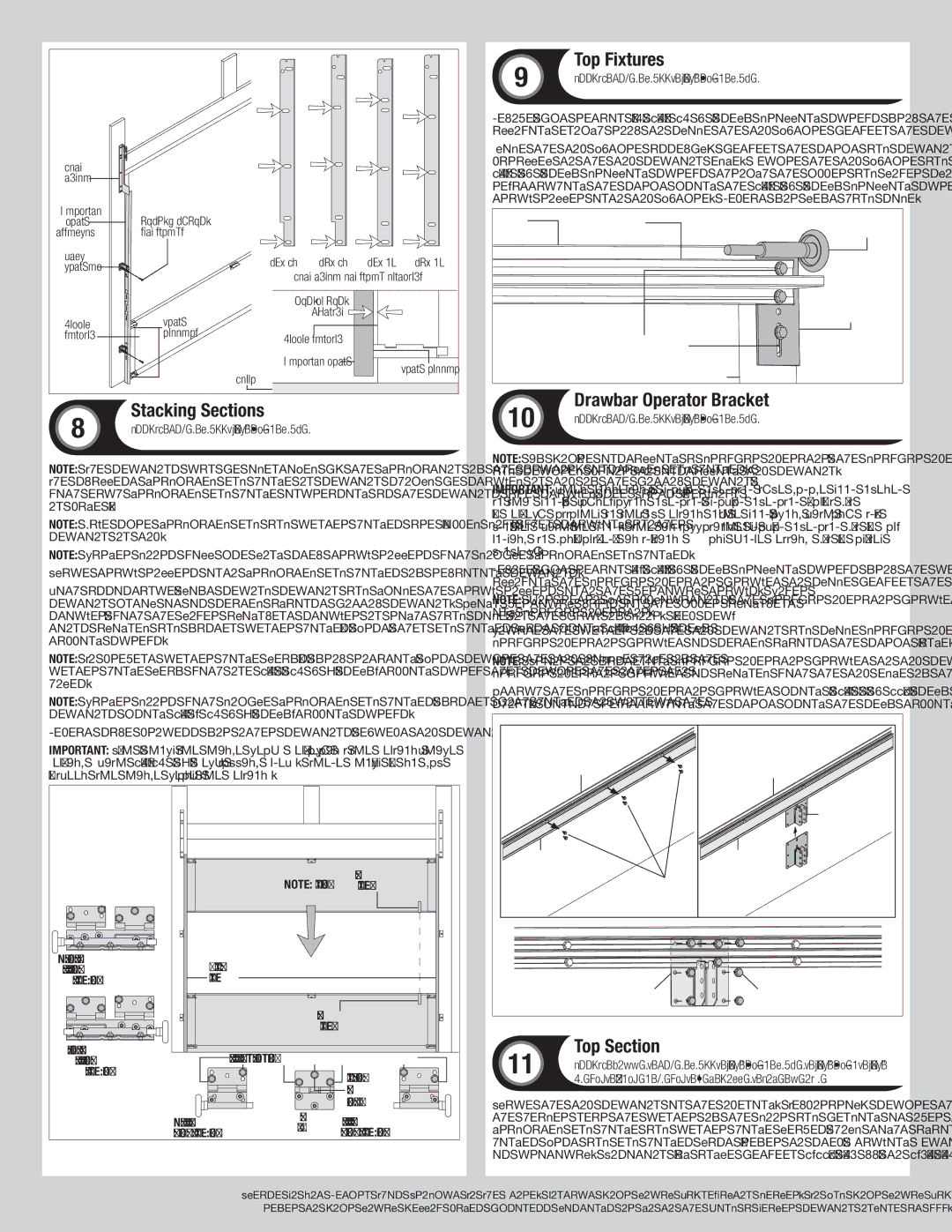 Wayne-Dalton 9800 installation instructions Top Fixtures, Stacking Sections, Top Section, Drawbar Operator Bracket 