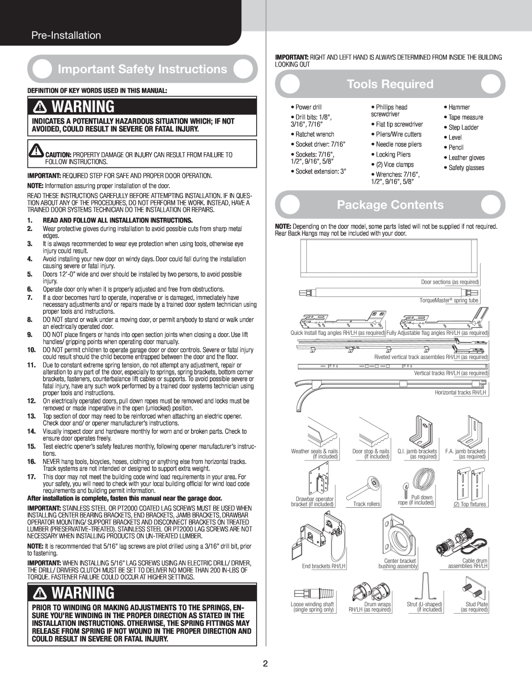 Wayne-Dalton 9800 WarningARNING, Important Safety Instructions, Tools Required, Package Contents, Pre-Installation 
