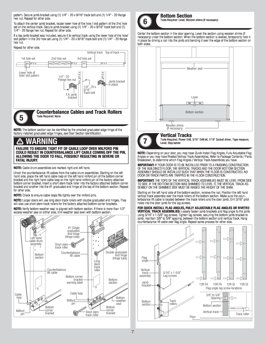 Wayne-Dalton 9800 Bottom Section, Vertical Tracks, Counterbalance Cables and Track Rollers, WarningARNING 
