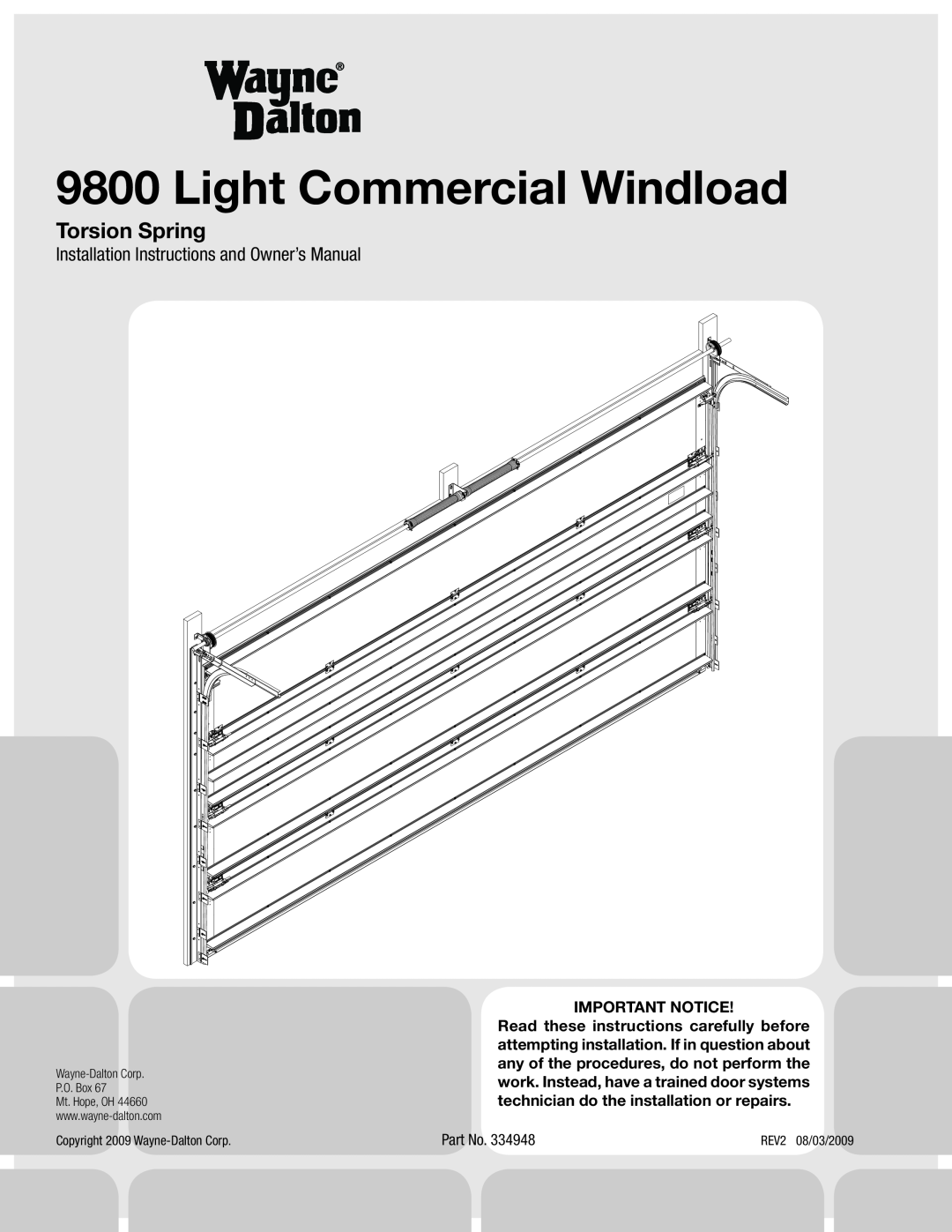 Wayne-Dalton 9800 installation instructions Light Commercial Windload, Torsion Spring 