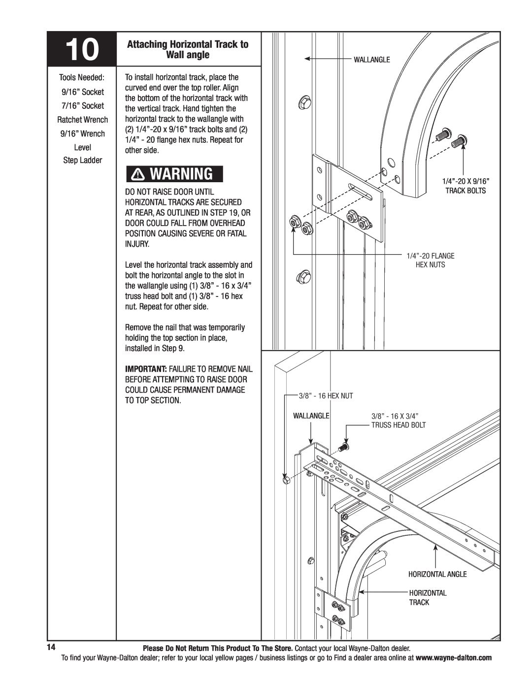Wayne-Dalton 9800 installation instructions Attaching Horizontal Track to, Wall angle 