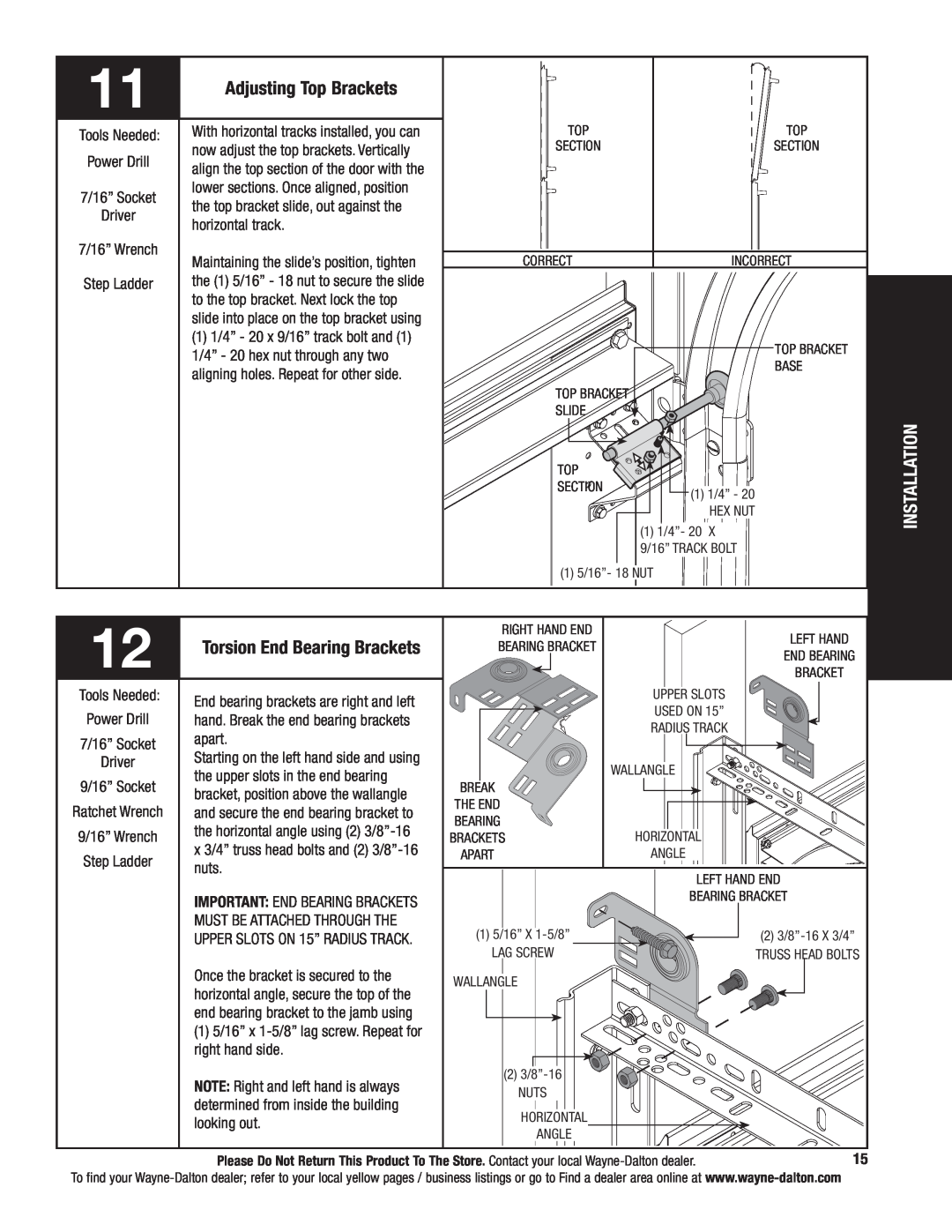 Wayne-Dalton 9800 installation instructions Adjusting Top Brackets, Torsion End Bearing Brackets, Installation 