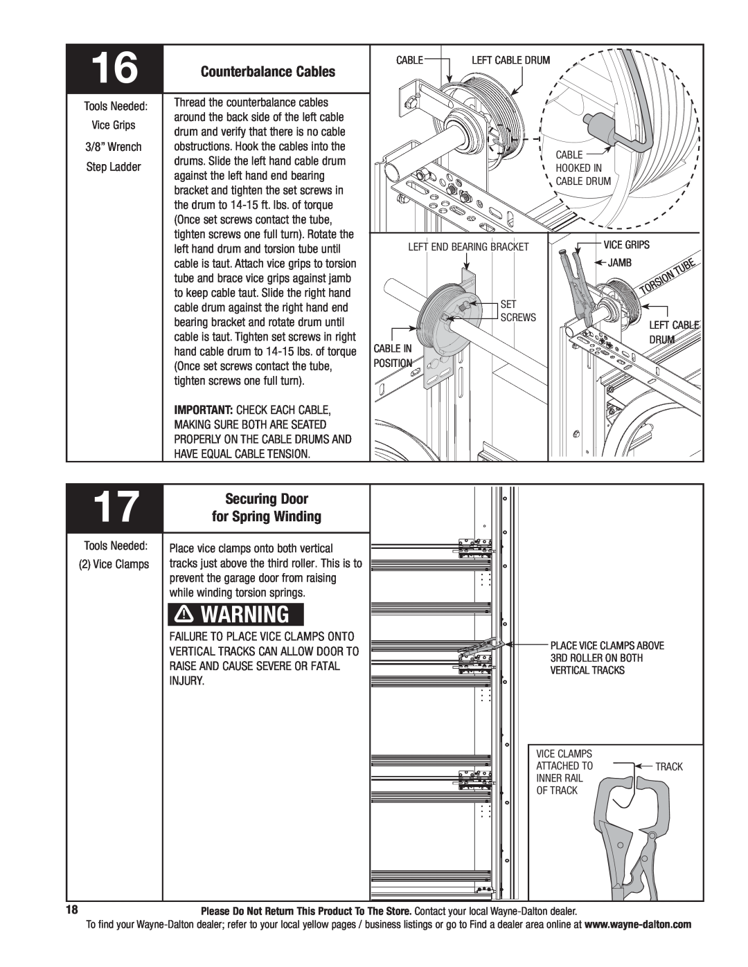 Wayne-Dalton 9800 installation instructions Securing Door, for Spring Winding, Counterbalance Cables 