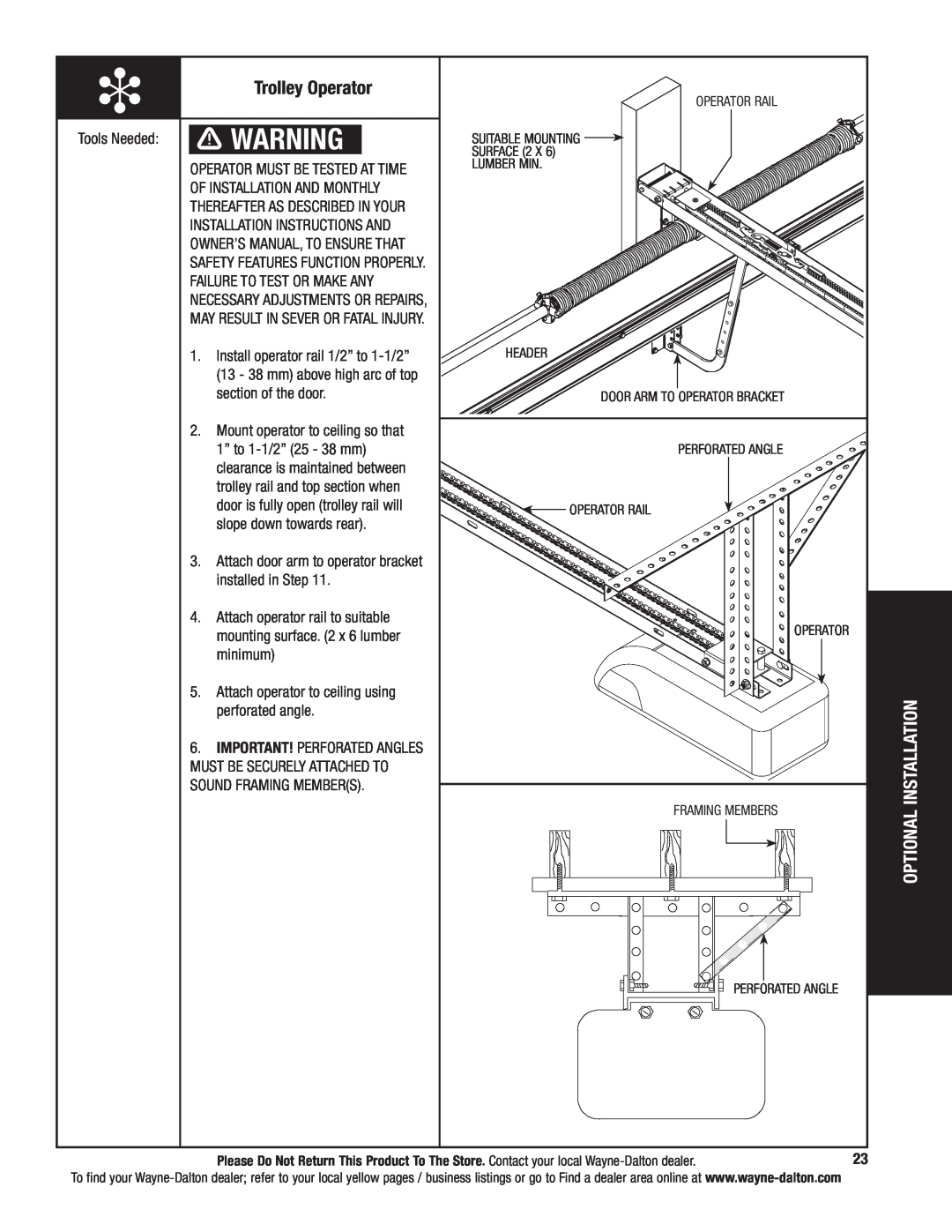 Wayne-Dalton 9800 installation instructions Trolley Operator, Optional Installation 