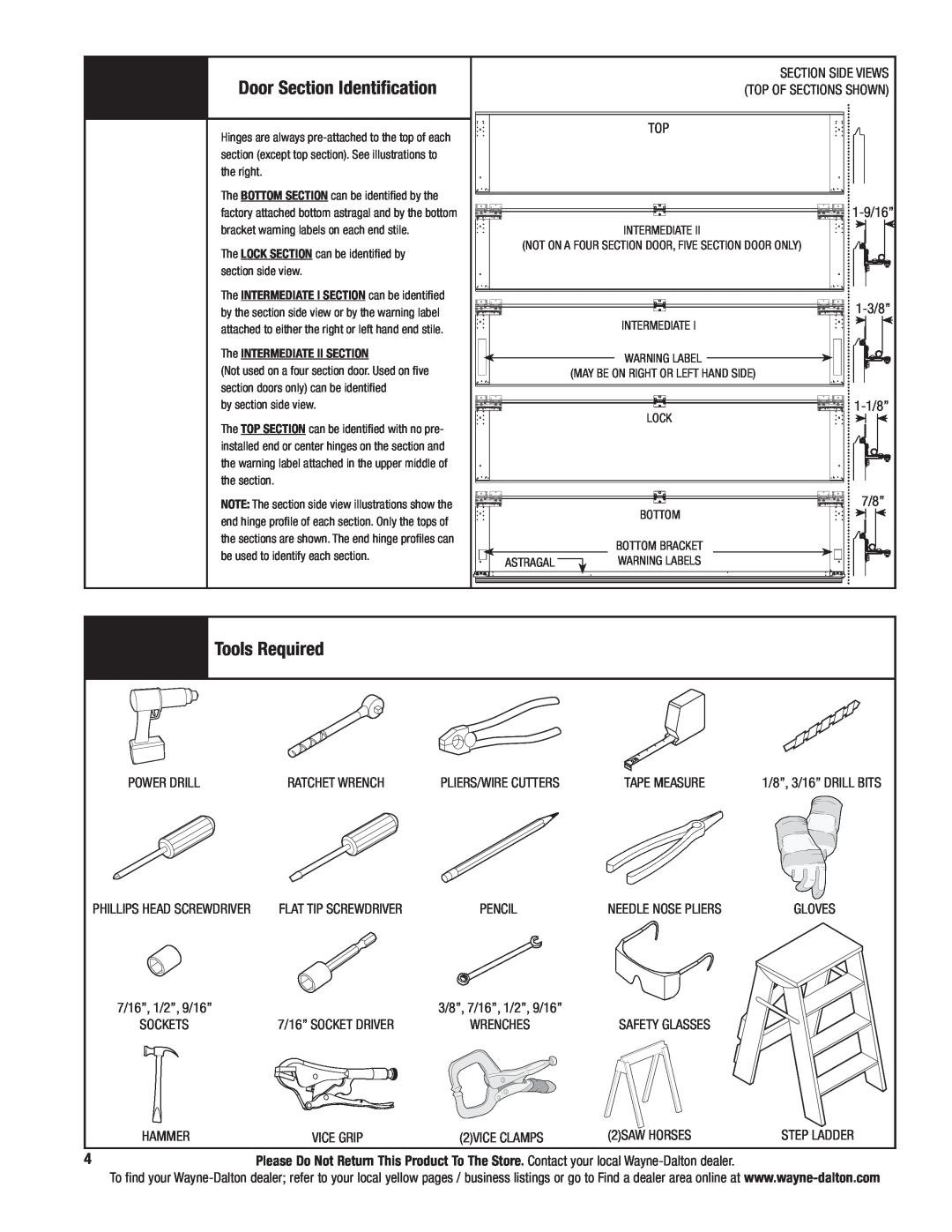 Wayne-Dalton 9800 installation instructions Door Section Identification, Tools Required 