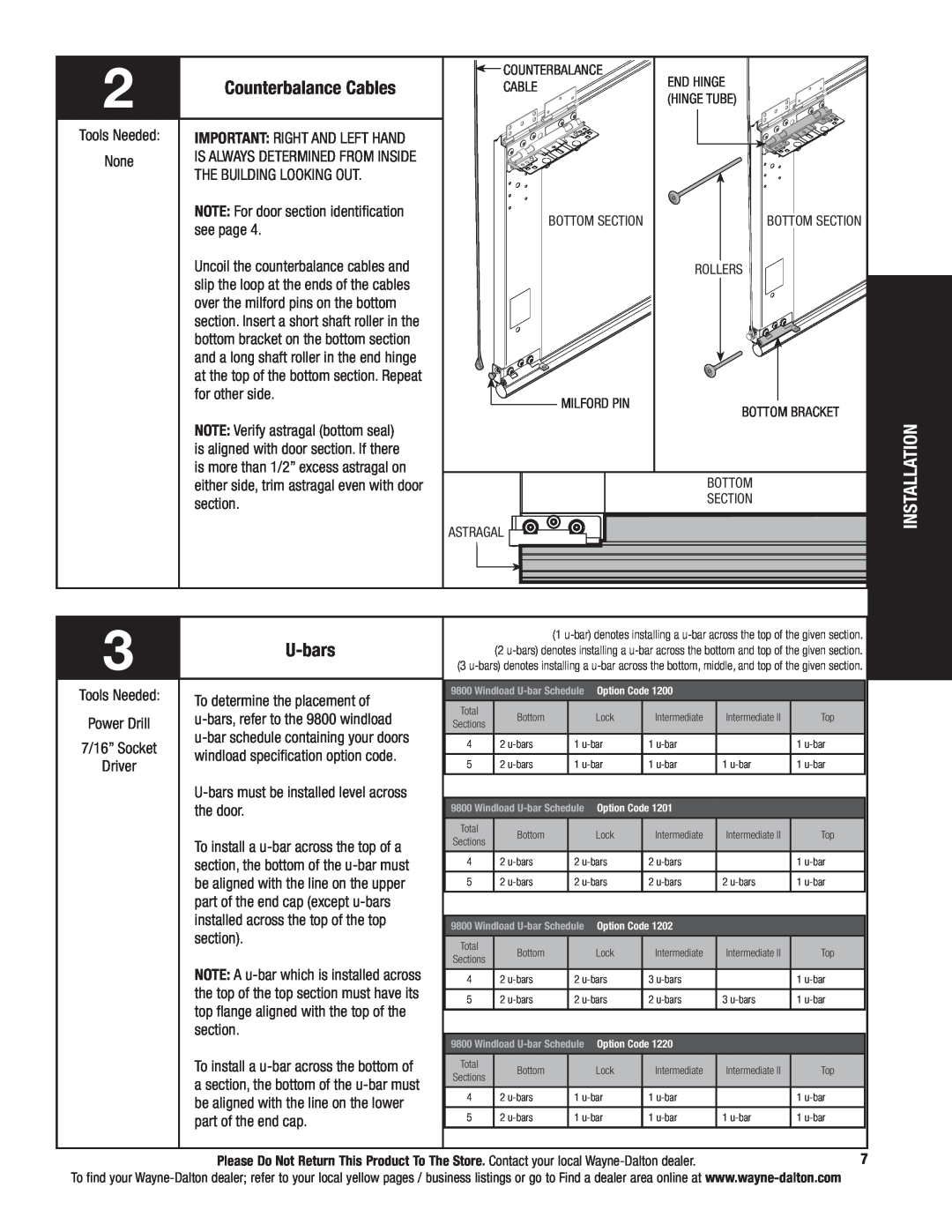 Wayne-Dalton 9800 installation instructions Counterbalance Cables, U-bars 