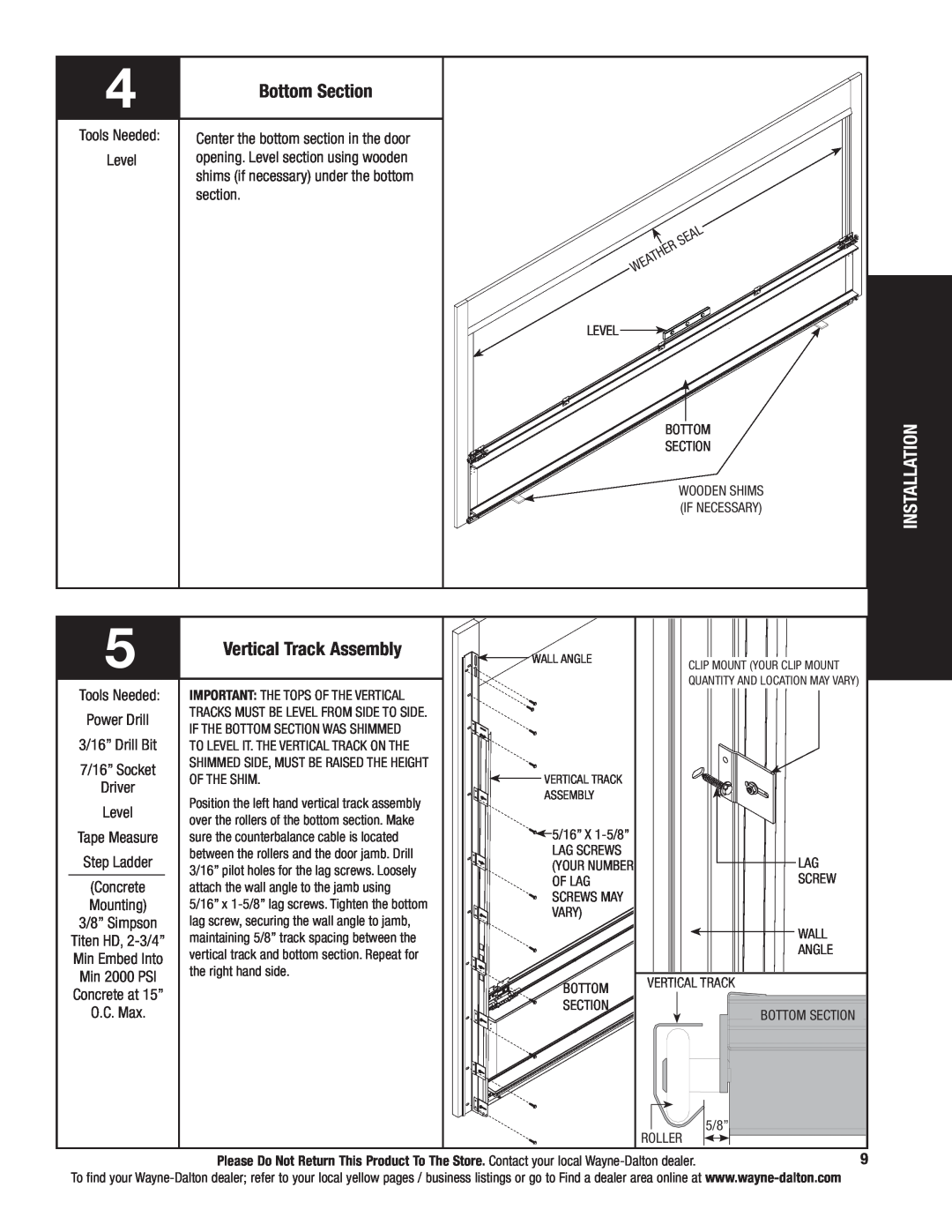 Wayne-Dalton 9800 installation instructions Bottom Section, Vertical Track Assembly, Installation 