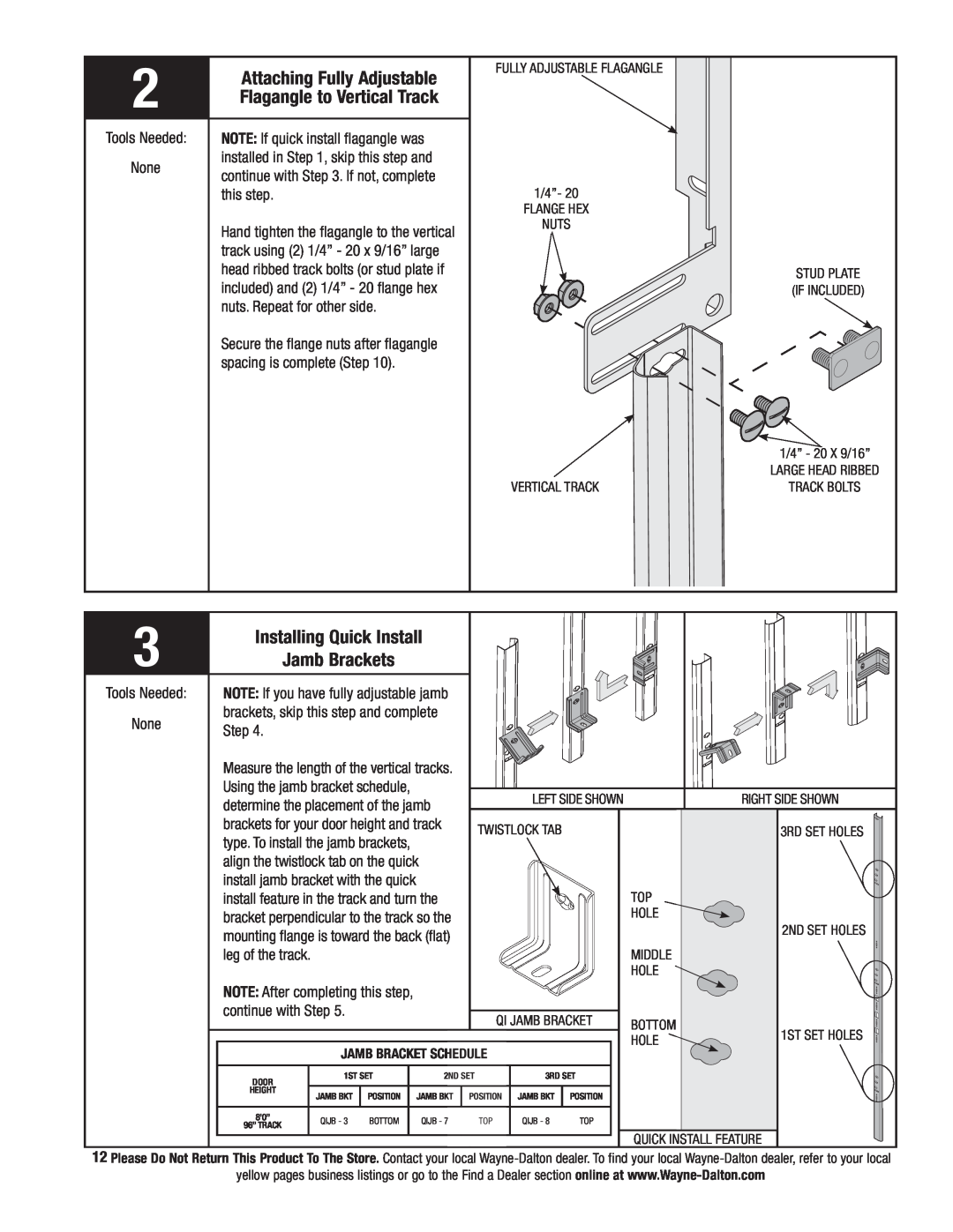 Wayne-Dalton 9800 Attaching Fully Adjustable, Flagangle to Vertical Track, Installing Quick Install, Jamb Brackets 