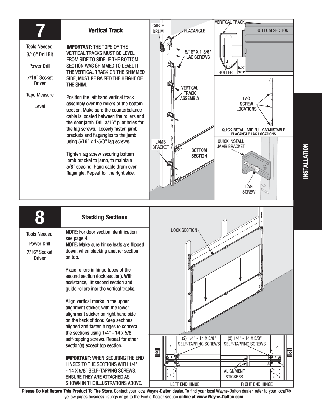 Wayne-Dalton 9800 installation instructions Vertical Track, Stacking Sections, Installation 
