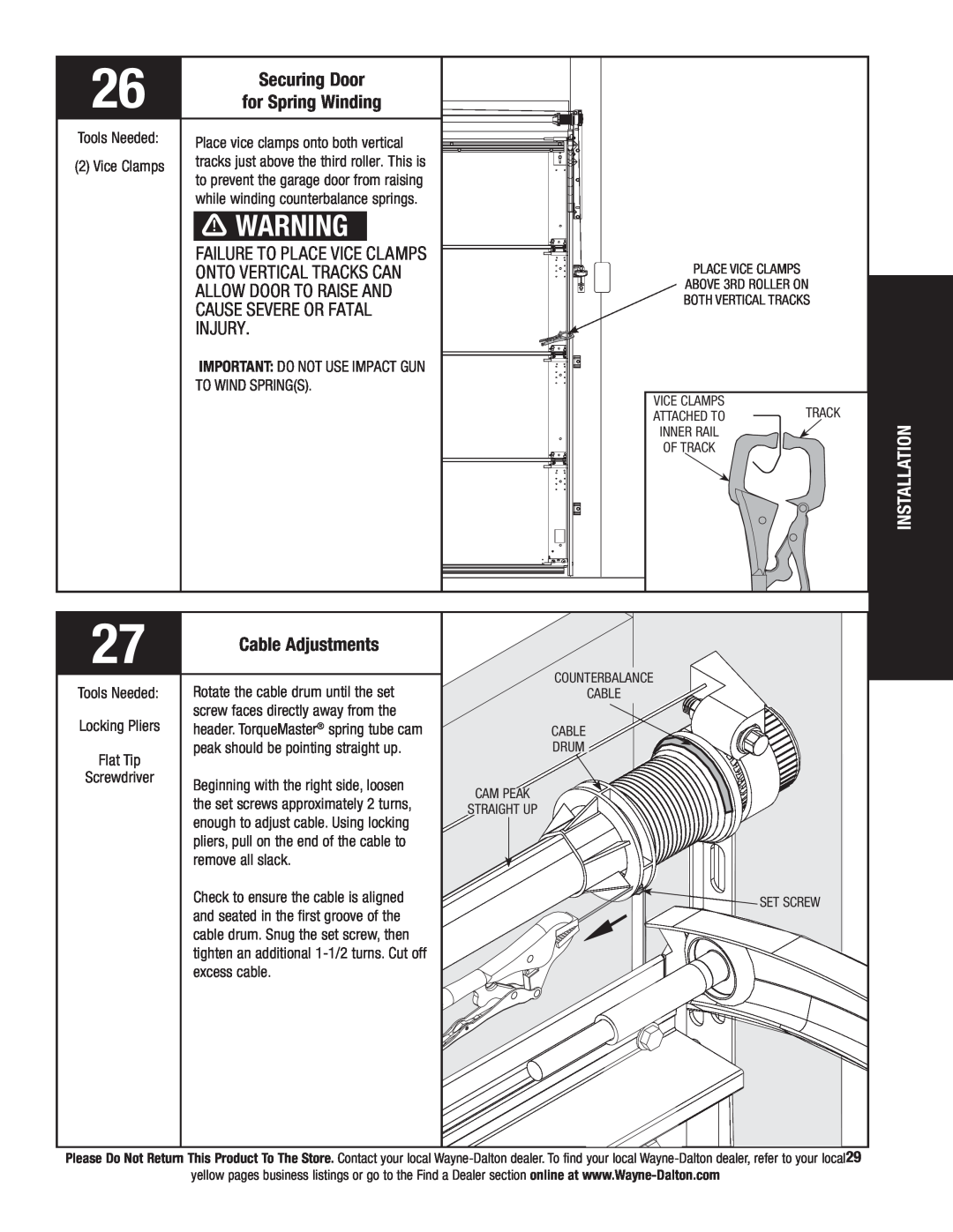 Wayne-Dalton 9800 installation instructions Securing Door, for Spring Winding, Cable Adjustments, Installation 