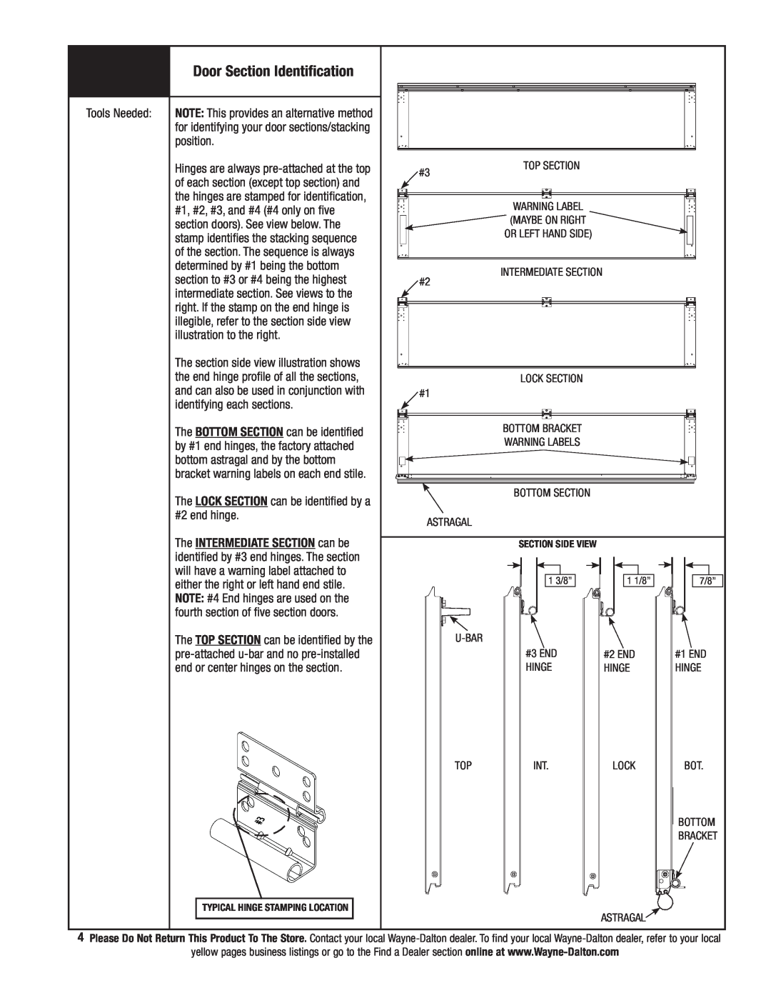 Wayne-Dalton 9800 installation instructions Door Section Identification 