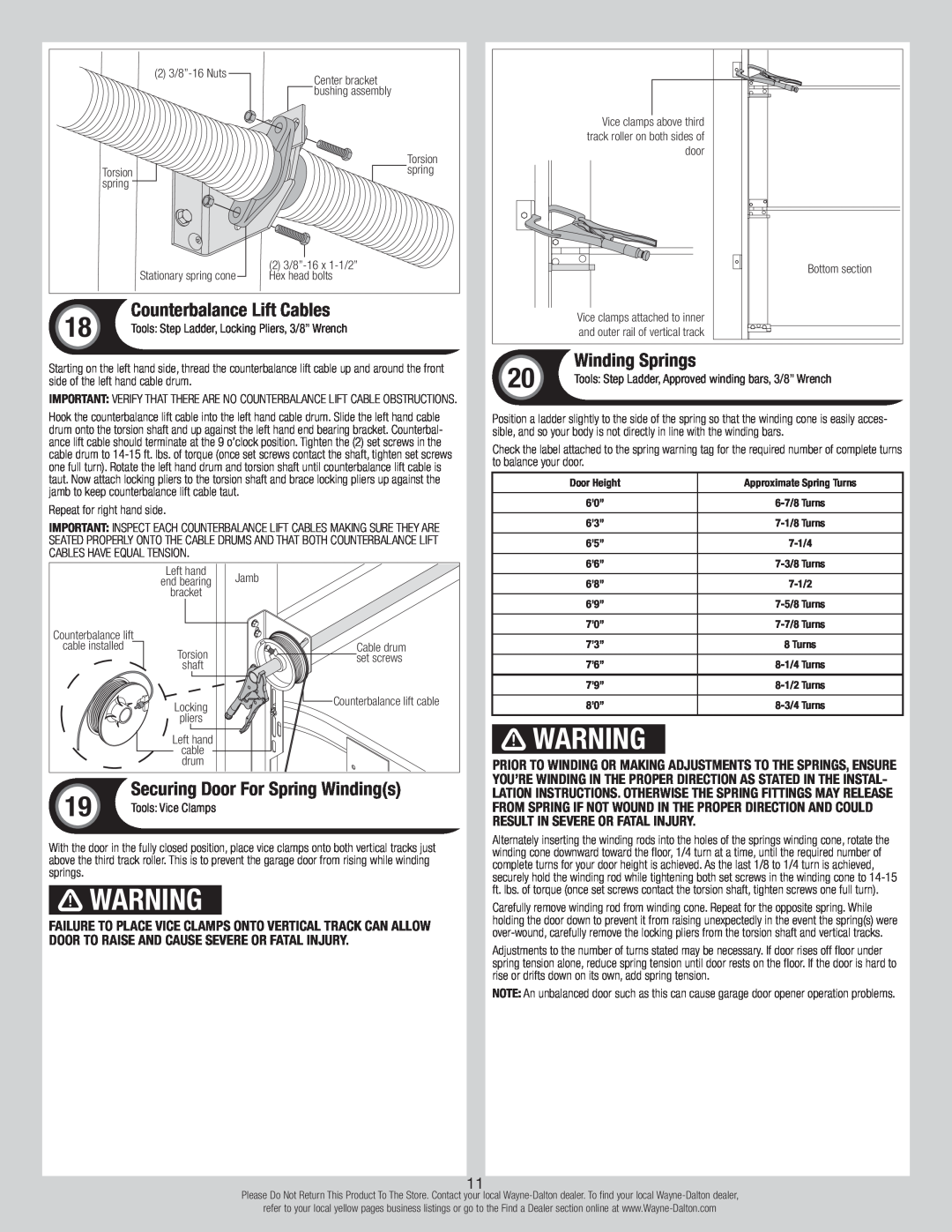 Wayne-Dalton 9800 installation instructions Winding Springs, Counterbalance Lift Cables, Securing Door For Spring Windings 