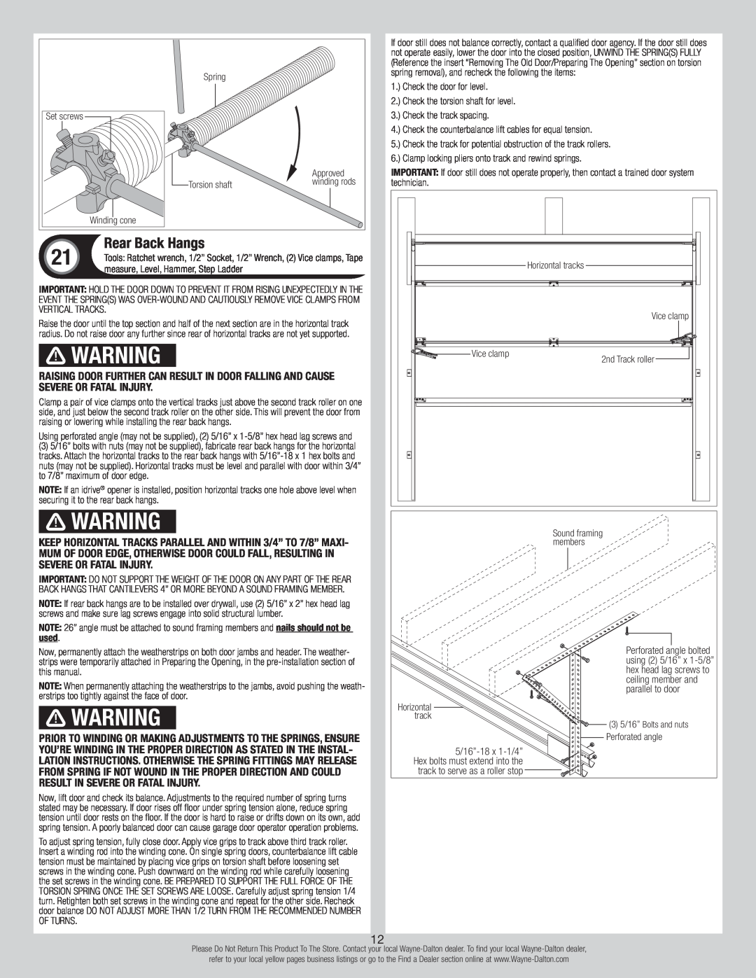 Wayne-Dalton 9800 installation instructions Rear Back Hangs 