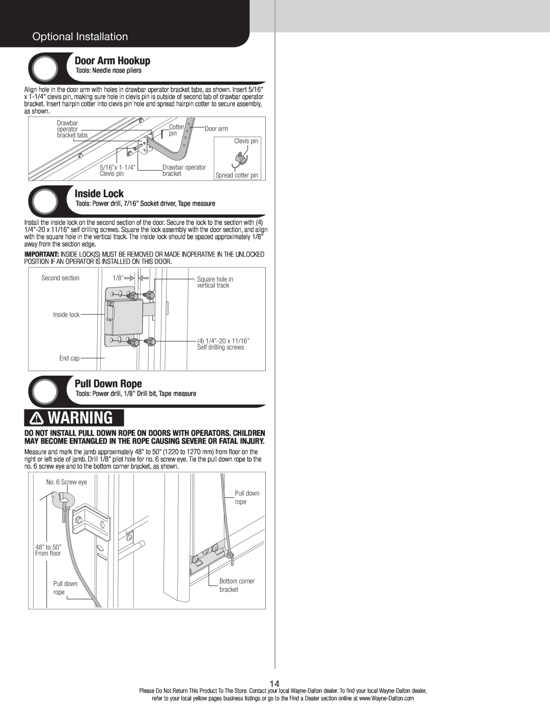 Wayne-Dalton 9800 installation instructions Optional Installation, Door Arm Hookup, Inside Lock, Pull Down Rope 