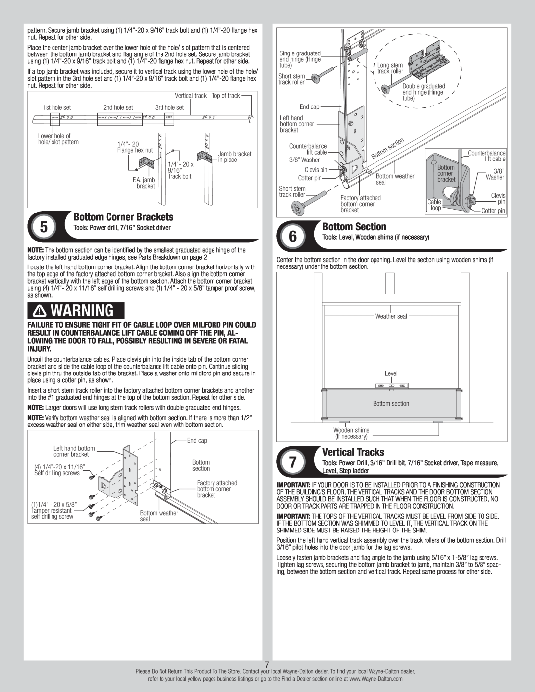 Wayne-Dalton 9800 installation instructions Bottom Section, Vertical Tracks, Bottom Corner Brackets 