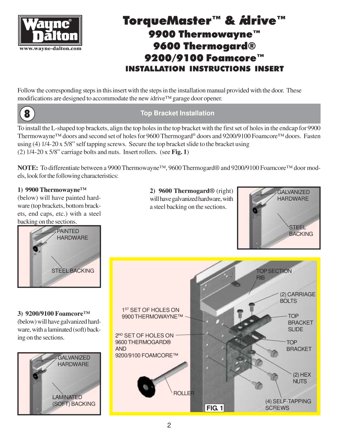 Wayne-Dalton 9600, 9900, 9100, 9200 installation instructions TorqueMaster & idrive, Top Bracket Installation 