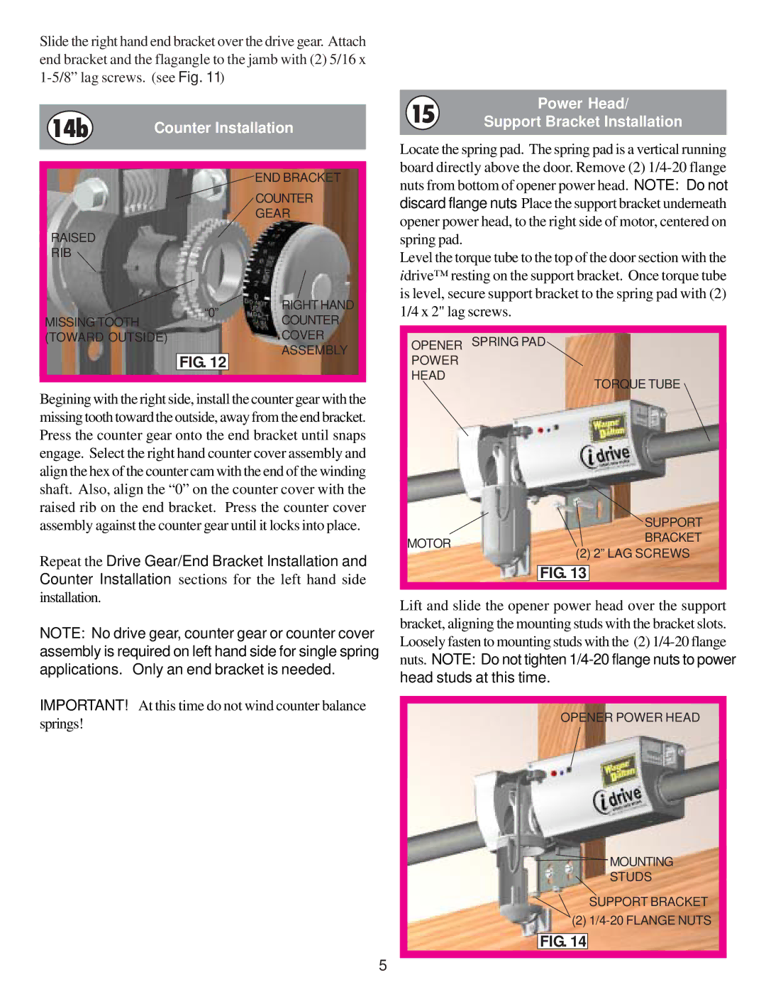 Wayne-Dalton 9200, 9900, 9100, 9600 14b, Counter Installation, Power Head, Support Bracket Installation 