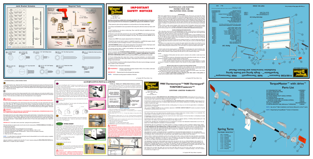 Wayne-Dalton Safety Notices, TorqueMaster with idrive, Parts List, Spring Turns, 9100/9200 Foamcore, Thermowayne, 10/02 