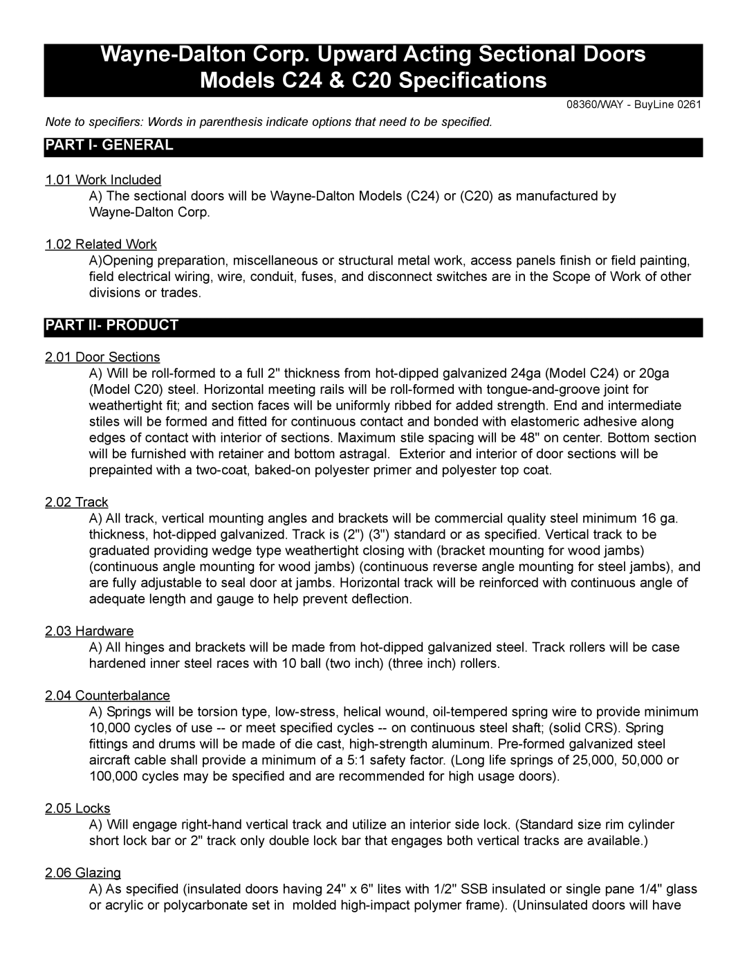 Wayne-Dalton C24, C20 specifications Part I- General, Part II- Product 