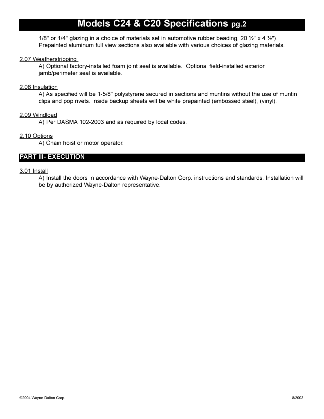 Wayne-Dalton specifications Models C24 & C20 Specifications pg.2, Part III- Execution 