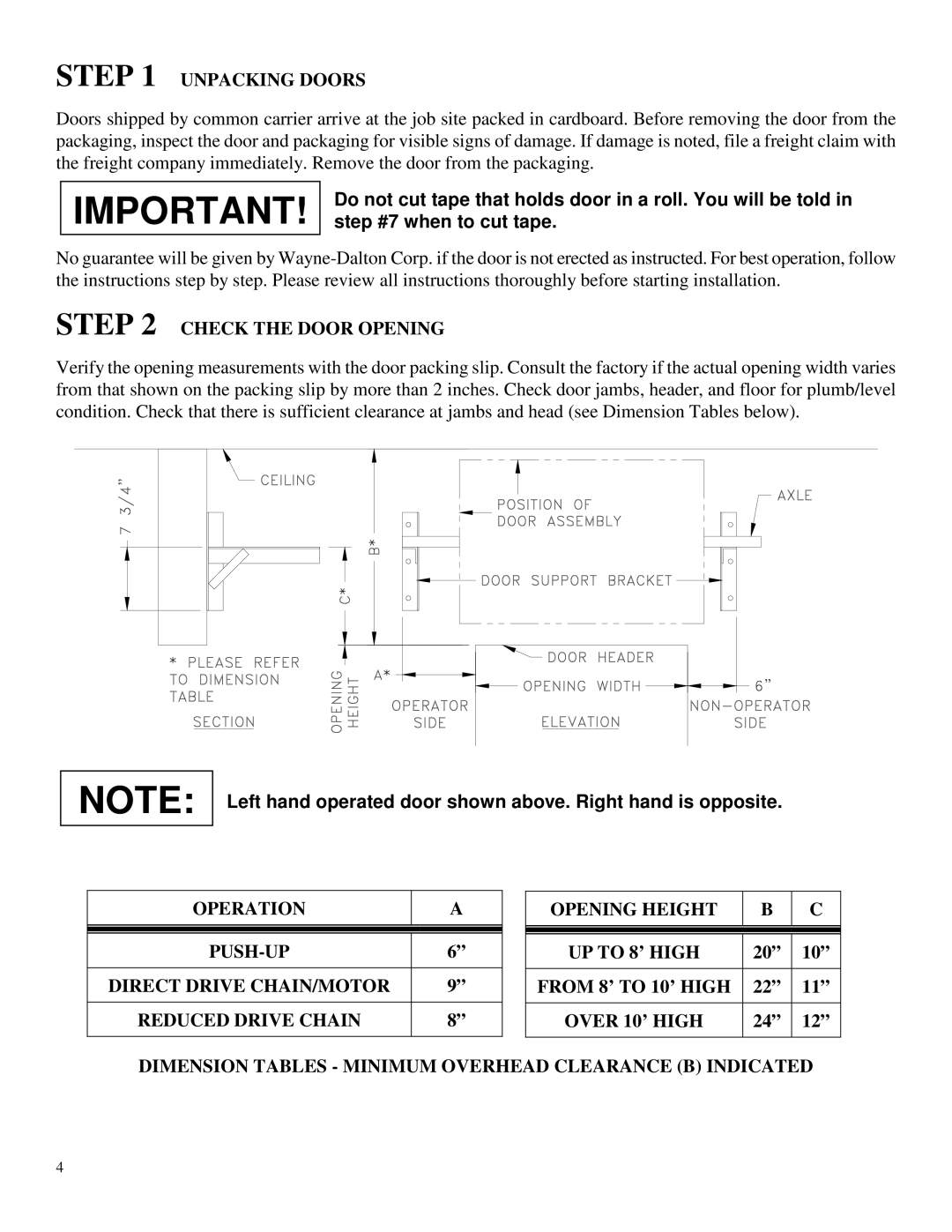 Wayne-Dalton DS-350 installation instructions Unpacking Doors, Check the Door Opening 