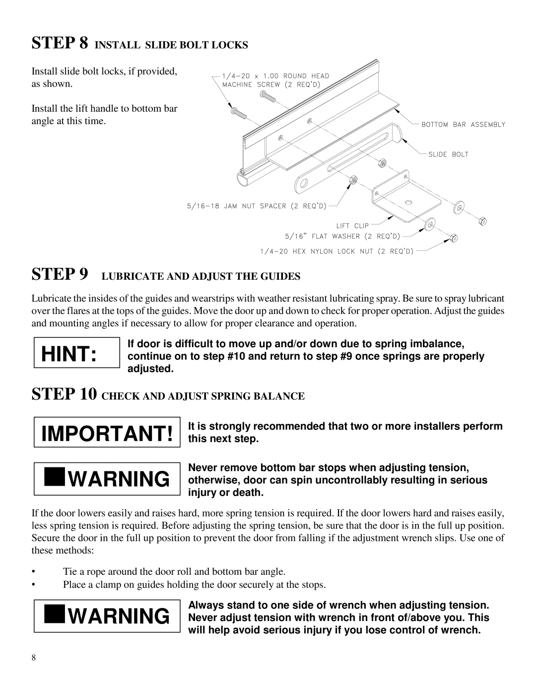 Wayne-Dalton DS-350 Install Slide Bolt Locks, Lubricate and Adjust the Guides, Check and Adjust Spring Balance 