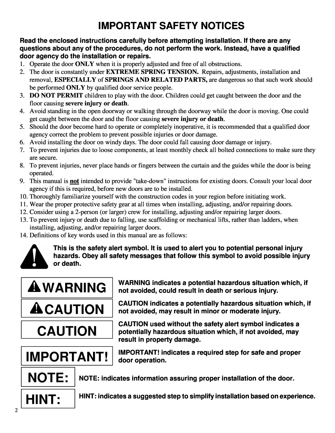 Wayne-Dalton DS-350 installation instructions Hint, Important Safety Notices 