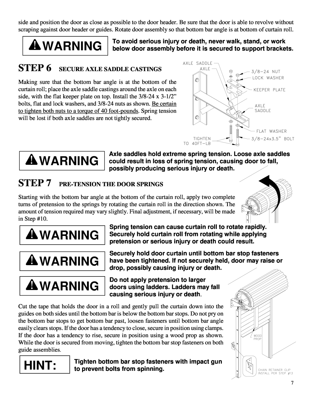 Wayne-Dalton DS-350 installation instructions Hint, Secure Axle Saddle Castings, Pre-Tensionthe Door Springs 