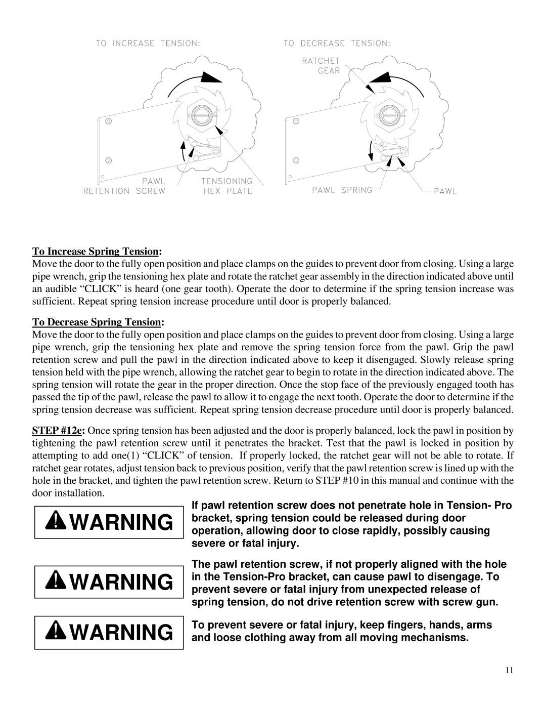 Wayne-Dalton DS-100, DS-75, DS-50 installation instructions To Increase Spring Tension, To Decrease Spring Tension 