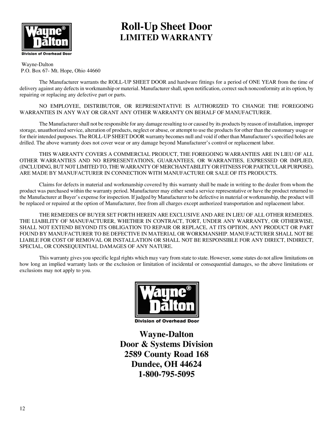 Wayne-Dalton DS-75, DS-50, DS-100 installation instructions Roll-Up Sheet Door 