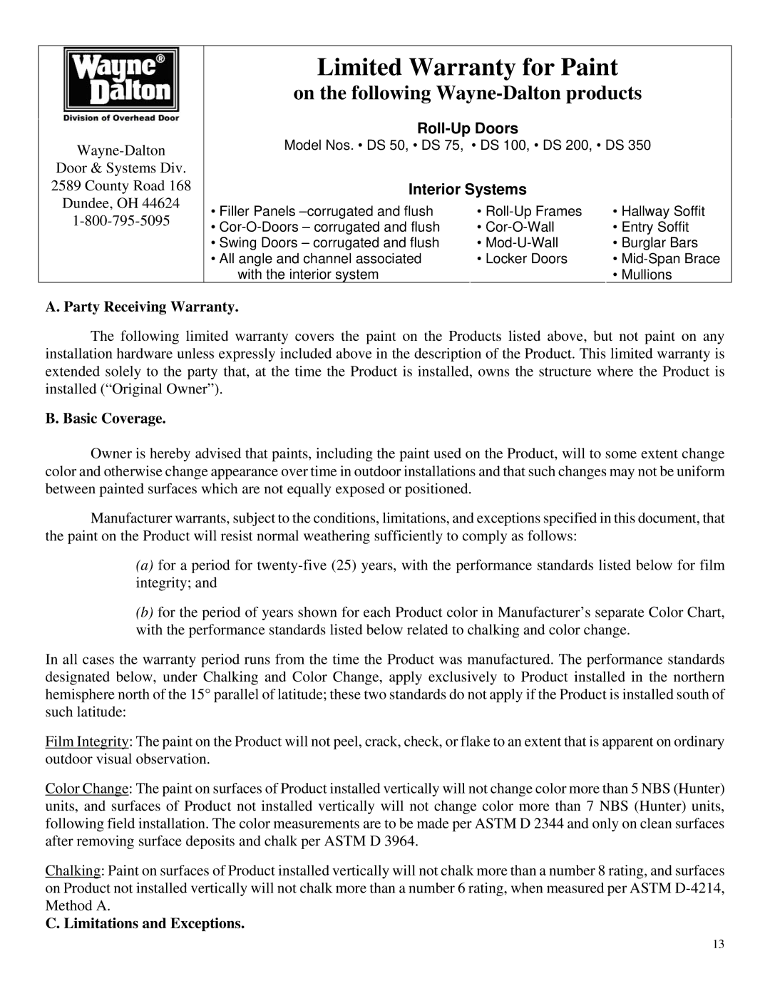 Wayne-Dalton DS-50, DS-75, DS-100 Party Receiving Warranty, Basic Coverage, Limitations and Exceptions 