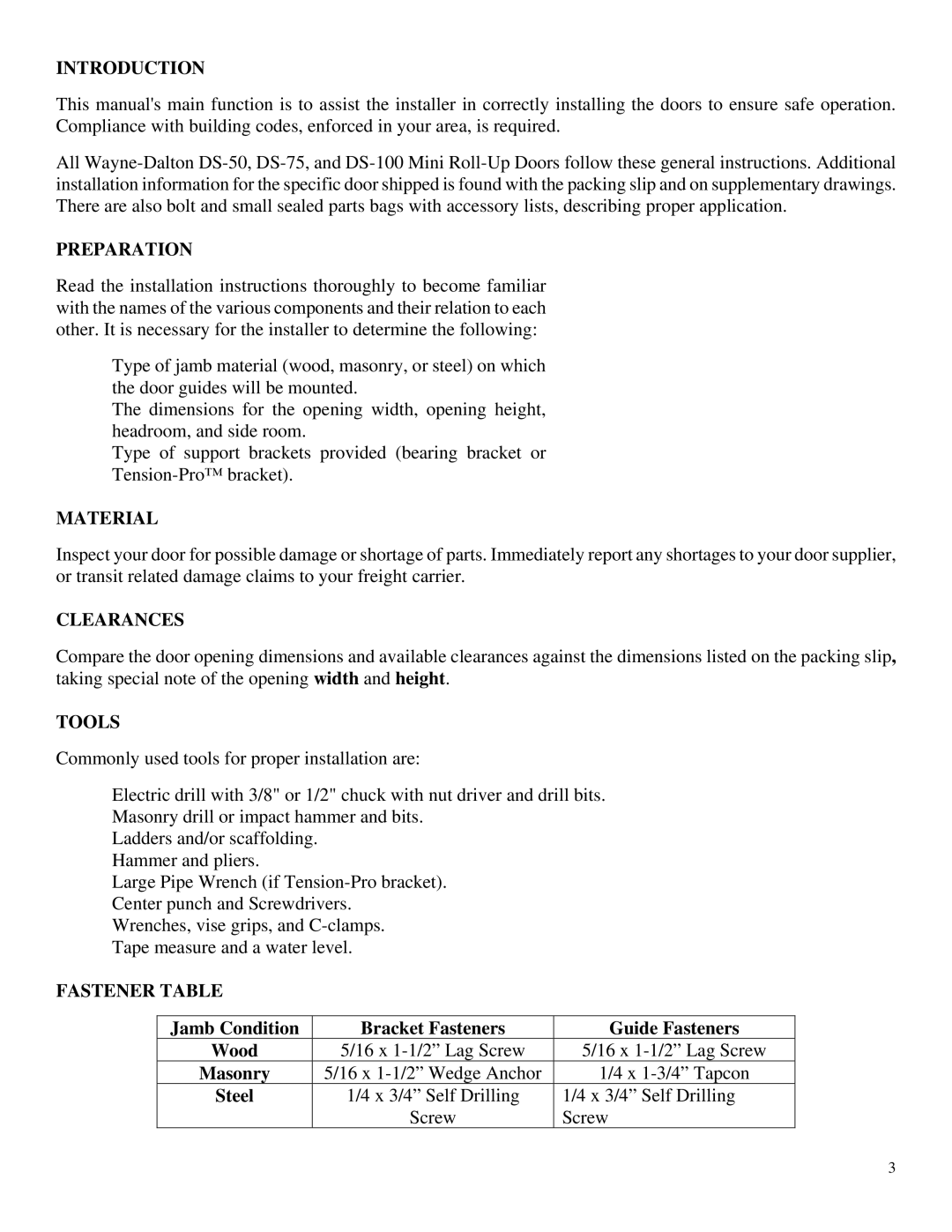 Wayne-Dalton DS-75, DS-50, DS-100 Introduction, Preparation, Material, Clearances, Tools, Fastener Table 