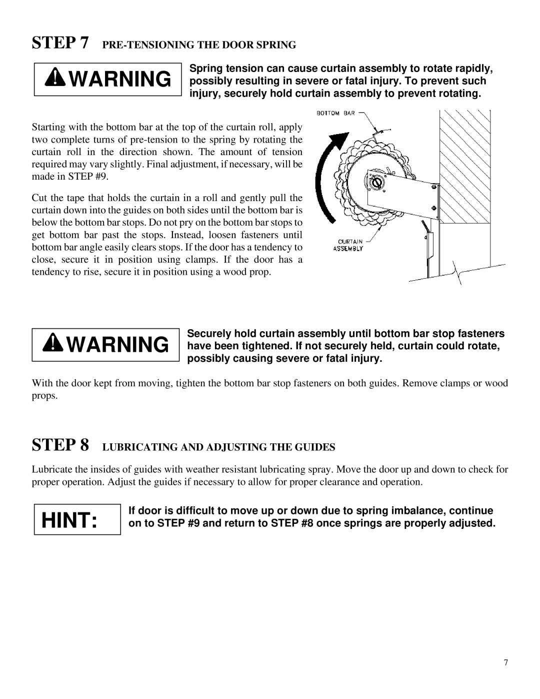 Wayne-Dalton DS-50, DS-75, DS-100 PRE-TENSIONING the Door Spring, Lubricating and Adjusting the Guides 