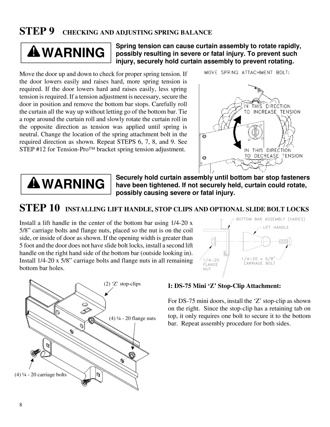 Wayne-Dalton DS-100, DS-50 Checking and Adjusting Spring Balance, DS-75 Mini ‘Z’ Stop-Clip Attachment 