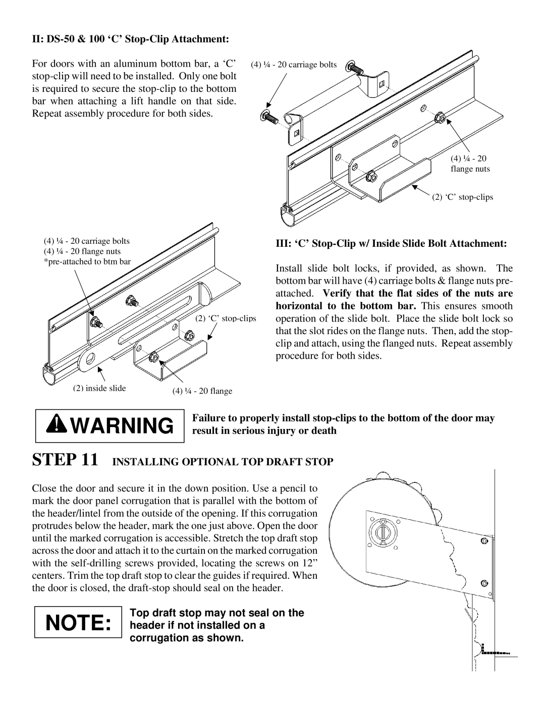 Wayne-Dalton DS-75, DS-100 II DS-50 & 100 ‘C’ Stop-Clip Attachment, III ‘C’ Stop-Clip w/ Inside Slide Bolt Attachment 