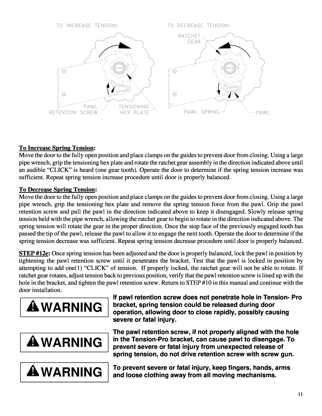Wayne-Dalton DS-100, DS-75, DS-50 installation instructions To Increase Spring Tension, To Decrease Spring Tension 