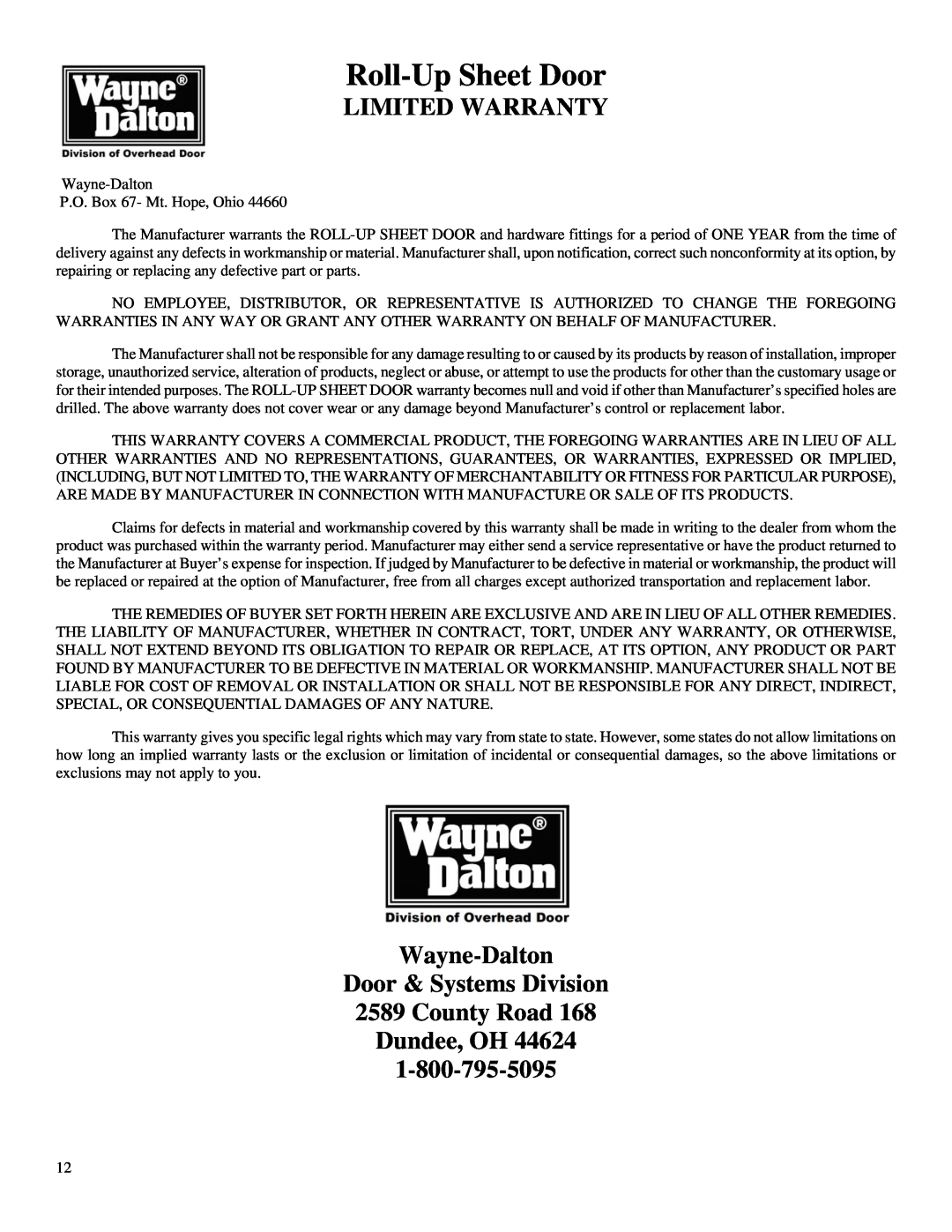 Wayne-Dalton DS-75, DS-50, DS-100 Roll-UpSheet Door, Limited Warranty, Wayne-Dalton Door & Systems Division 