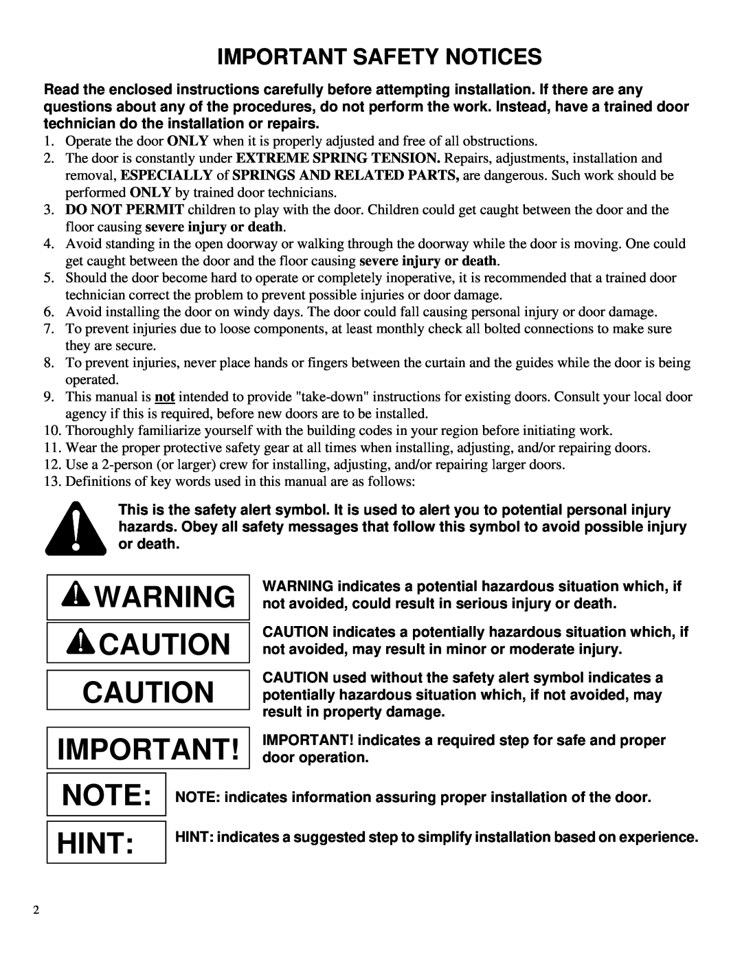 Wayne-Dalton DS-100, DS-75, DS-50 installation instructions Hint, Important Safety Notices 
