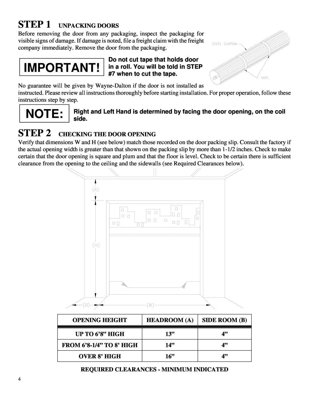 Wayne-Dalton DS-50, DS-75, DS-100 installation instructions Unpacking Doors 