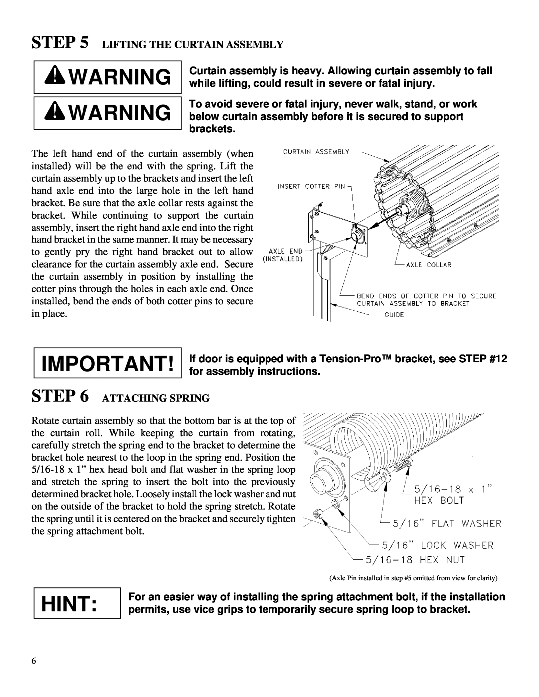 Wayne-Dalton DS-75, DS-50, DS-100 installation instructions Hint, Lifting The Curtain Assembly, Attaching Spring 